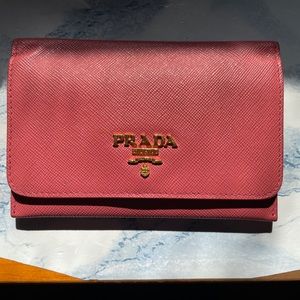 PRADA Logo Saffiano Leather Card Case Card Holder Pink Authentic Used